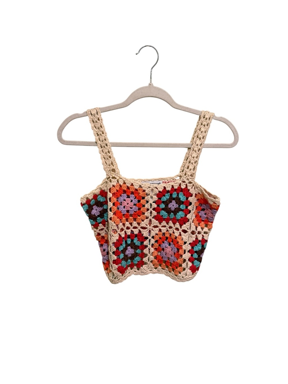 NWOT Cotton Emporium Soft Cream Crochet Crop Top w/ Multicolor Squares